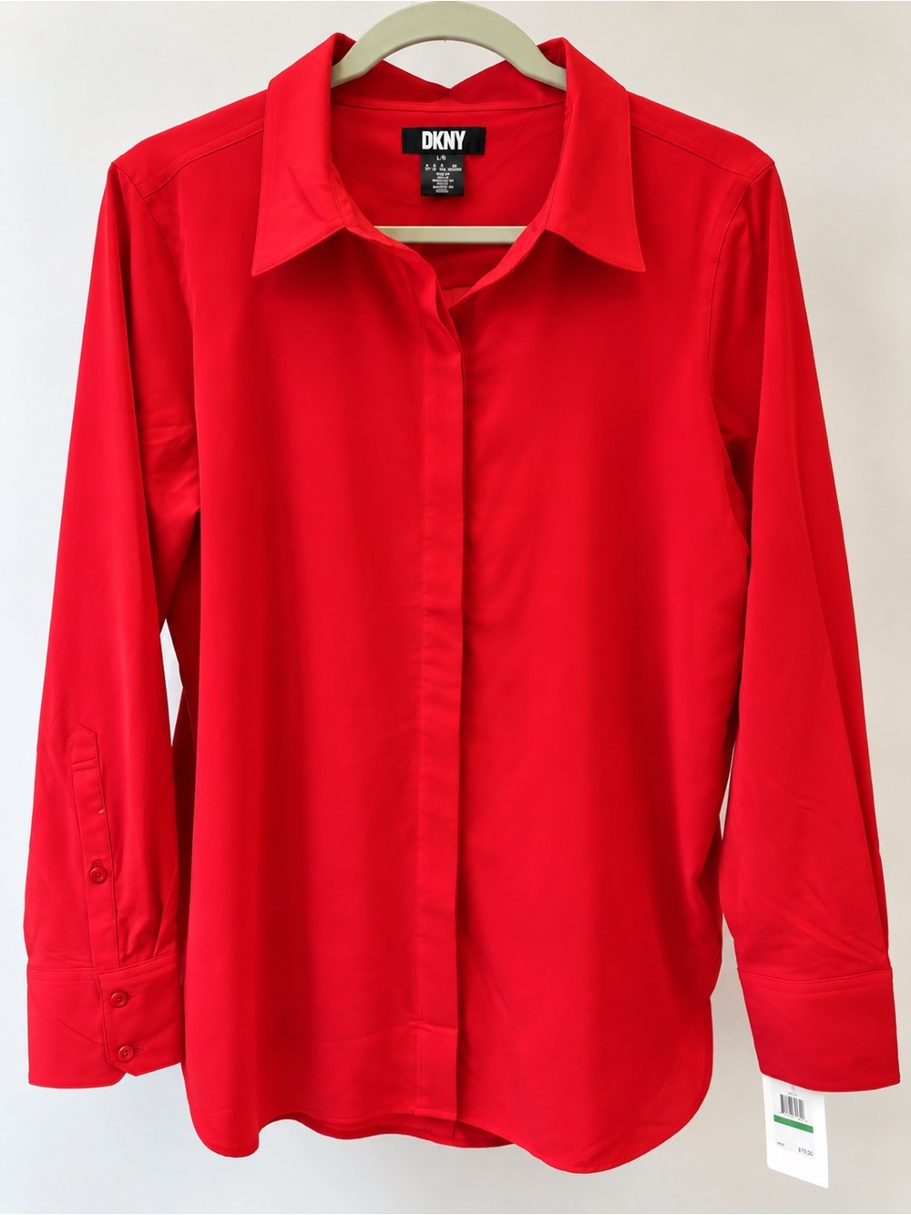 DKNY Bright Red Button Down Blouse Large NWT Long Sleeve Shirt